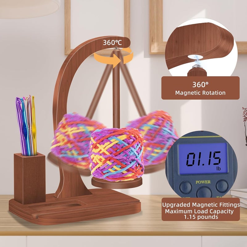 FOGWOWO Upgraded Yarn Holder for Crocheting,Wooden Crochet Yarn Holder Magnetic Rotation Yarn Spinner with Crochet Accessories Storage and Phone Stand,Yarn Ball Holder Crochet Gift for Knitting Lovers - Image 4